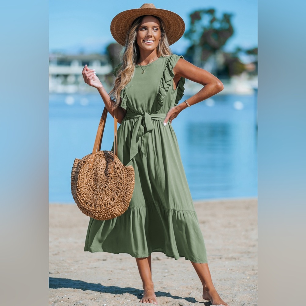 Sage Ruffle Sleeve Keyhole Midi Dress